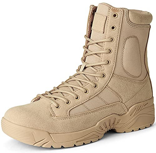 KEHTUNAHT Tactical Schuhe Herren Atmungsaktiver Militärstiefel mit Seitlichem Reißverschluss Einsatzstiefel Militär Schuhe Verschleißfeste rutschfeste Wüsten Trekking Wander Jagd Stiefel,Sand-42EU
