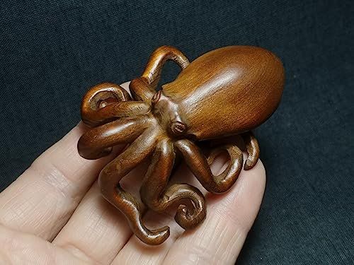 HXSCOO Japanische Buchsbaum handgeschnitzte Oktopus Fisch Figur Statue Netsuke Sammlerstück Dekoration Geschenk