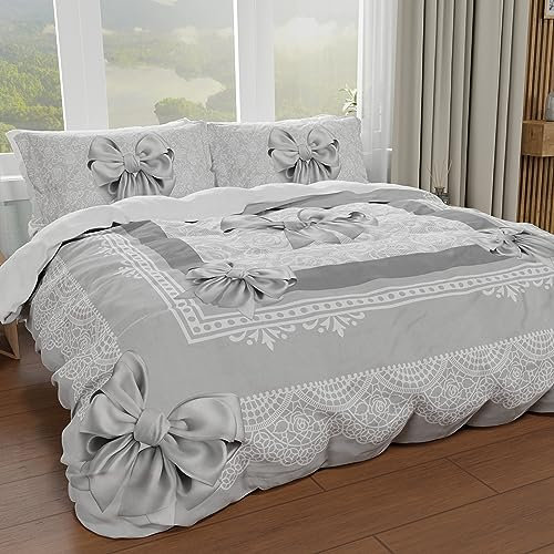 PETTI Artigiani Italiani - Set Copripiumino Matrimoniale 250x200 cm (2 Federe 50x80 cm Incluse), Parure Copripiumino Morbida Microfibra con Stampa Digitale - Made in Italy - Fiocco Grigio