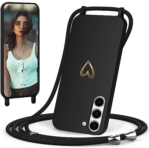 CaseLover Handyband für Samsung Galaxy S23 5G Hülle mit Band, Schwarz | Herz Muster, Silikon Necklace Handyhülle mit Abnehmbar Kordel zum Umhängen, Stossfest Bumper Handy Schutzhülle Case