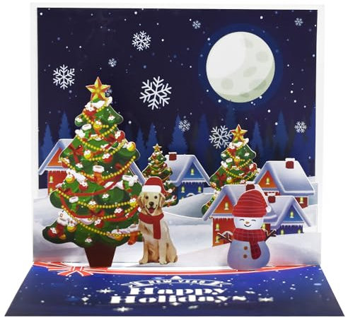 Magic Ants Pop Up Weihnachtskarte – 3D-Weihnachtskarte mit Weihnachtsbaum, Hund und Schneemann