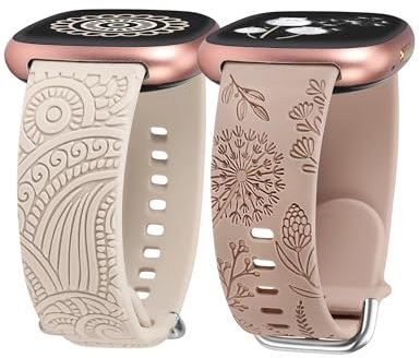 TOYOUTHS 2 Stück Floral Gravierte Armband kompatibel mit Fitbit Versa 4/Versa 3/Sense 2/Sense Armband, Sport Solo Loop Silikon Boho Henna/Löwenzahn Blume Cute Versa 4 Armbänder, Polarstern/Milchtee
