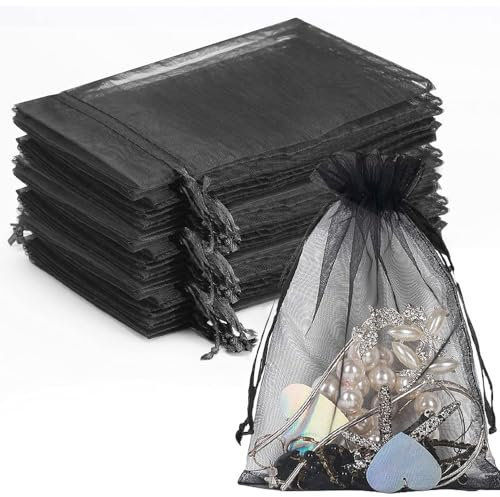 Organza Beutel mit Kordelzug, 50 Stück 17 × 23 cm Geschenk Säckchen, Schmuckbeutel für Hochzeit oder Fest (Schwarz)