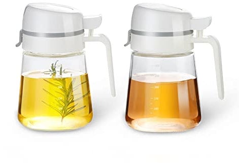 Meterga Auto Flip Olive Oil Dispenser Bottle,Glass Olive Oil Bottle,Clear Glass Oil Bottle with Scale,Glass Bottle Dispenser for Kitchen,Olive Oil Cruet,| 12oz, Set of 2