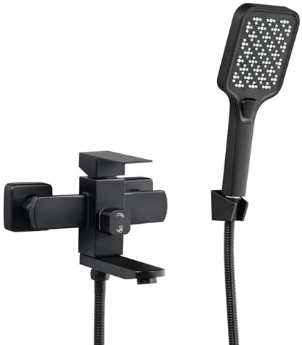 SHANFO Grifo de Bañera, Grifo de Ducha con Alcachofa, Monomando Mezclador Ducha Montado en La Pared, Negro, 9Y3OK
