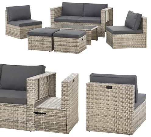 Juskys Salon de Jardin Salou en polyrotin - Espace Lounge d'extérieur résistant aux intempéries pour 6 Personnes - Coin Salon avec Table & Coussins - pour Jardin, Balcon, terrasse - Gris