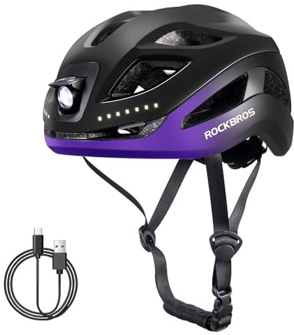 ROCKBROS Fahrradhelm mit Licht, MTB Helm Herren Damen mit USB 1800 mAh Atmungsaktiv 58-60 cm Schwarz Lila