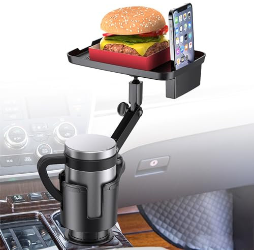 Porte-gobelet de voiture avec plateau pivotant à 360° réglable à 360° avec bras rotatif et fente pour téléphone, organiseur intérieur de voiture, base extensible