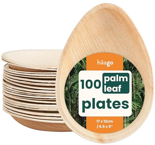 HAAGO 100 Disposable Palm Leaf Oval Plates - Eco-Friendly Like Wooden & Bamboo Serving Plates for Hot & Cold Food, Microwave & Freezer Safe Compostable, Alternative to Paper Teardrop Plate - 15cm
