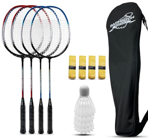 Magicorange Badmintonschläger-Set, 4 Stück, für Outdoor-Spiele, einschließlich 4 Schläger, 4 Federbälle, 4 Ersatz-Griffbänder und 1 Tragetasche (Blau + Rot)