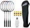 Magicorange Badmintonschläger-Set, 4 Stück, für Outdoor-Spiele, einschließlich 4 Schläger, 4 Federbälle, 4 Ersatz-Griffbänder und 1 Tragetasche (Blau + Rot)