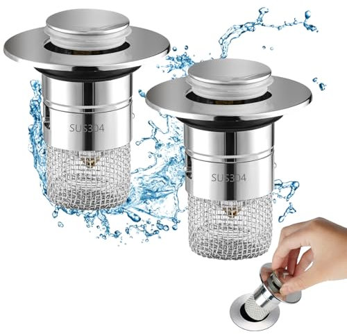 Ainiv 2PCS Stainless Steel Floor Drain Filter, Removable Bathroom Sink Strainer with Short Filter Basket, Push Type Sink Strainer for Kitchen, Bathroom, Wash Basin, Bathtubs, for 34-40mm Drain Hole