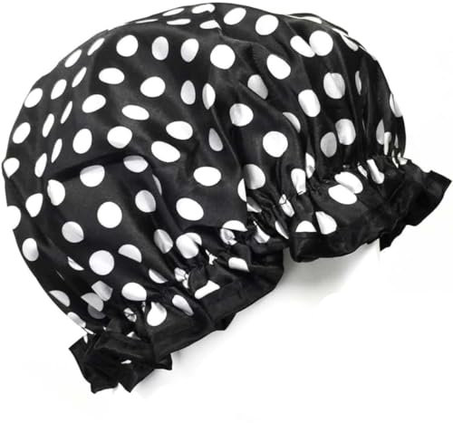 Silicone Elastic Shower and Swimming Pool Cap- White Dot Print Design Caps for Unisex Adult & Kids Reusable Bath Hat Hair (Black)