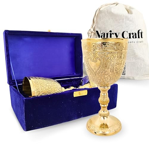 NARRY CRAFT Kelch aus massivem Messing, Vintage-Kalikkelch, mittelalterlich, handgefertigt, dekorativ, Kommunionstasse mit königlichem geprägtem Design, 1 Stück (mit Box, Gold)