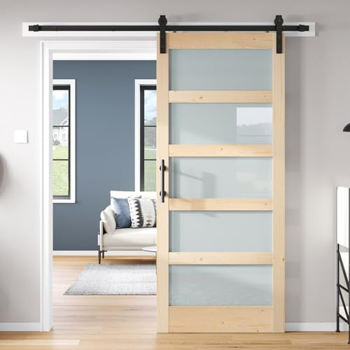 ROYMELO 36x84 inch Glass Sliding Barn Door Slab with 6.6ft Hardware Kit Included, 5-Panel Frosted Glass, Spruce Wood Support DIY Dyeing, Easy Assembly