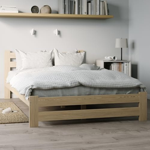Holzbett 120x200 cm mit Lattenrost Modern Bett Bed Kiefer Massiv Bettgestell Doppelbett Massivholzbett Klassisch | Komfortabel & Langlebig | Skandinavisch Boho Landhaus Kopfteil hoch natur