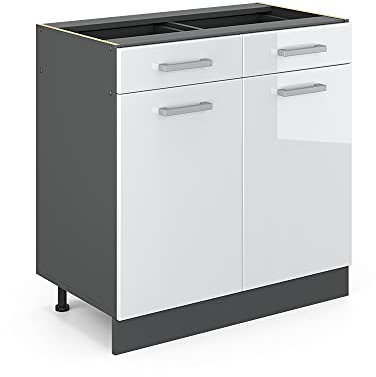 Vicco Küchenschrank mit Schublade R-Line, Weiß Hochglanz/Anthrazit, AP Marmor