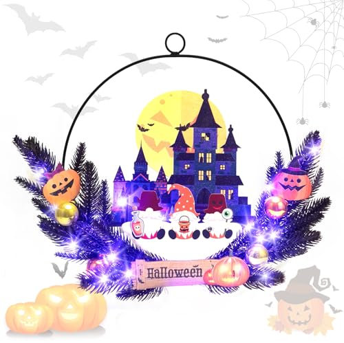RDDAIPE Couronne Halloween avec Lumières,15.3in Couronne de Porte Halloween avec 30Led Lumières, Citrouilles et Gnomes, Fantômes,Couronne Porte Halloween,pour Fête,Extérieur,Intérieur,Porte d'entrée
