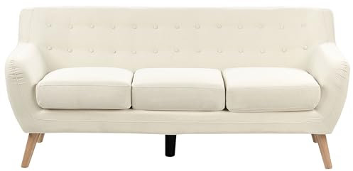 Beliani 3-Sitzer Sofa mit Armlehnen Stoff Hellbeige Knopfheftung Holzbeine Retro Motala