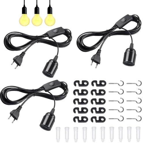 JOAASU Douille E27 avec Interrupteur, 3 Pièces avec Fil 1.8 M, Support Lampe pour Ampoules, Lampadaires, Lustres, Cuisine, Salon, Bureau (Noir)