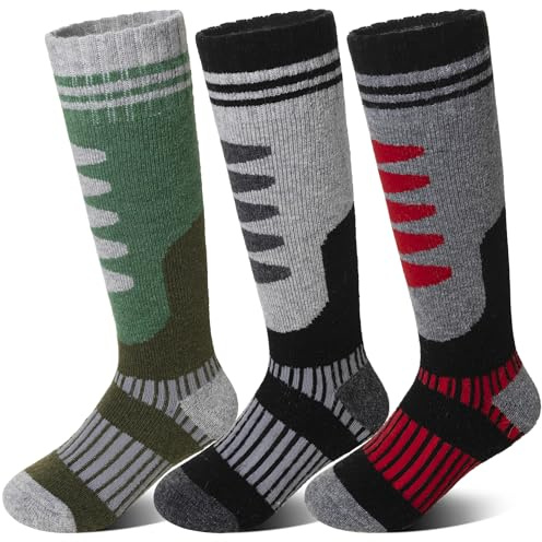 DoSmart Kids Merino Wool Ski Socks 3 Pairs Boys Girls Thermal Winter Thick Warm Cozy Boot Socks for Skiing Snowboarding(Grey/Green,8-12 Years)
