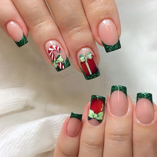 24 Stück künstliche Nägel zum aufkleben - Grün Schimmern Press On Nails Kurz mit Gift Box Design - Weihnachten Fake Nails für Frauen & Mädchen (French Shimmer Green)