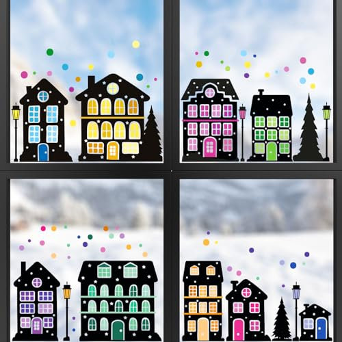 younikat Fensterbild Weihnachten Bunte Häuschen 87 Teile I bunt transparent I statisch haftend wiederverwendbar I Advent-Zeit I dv1533