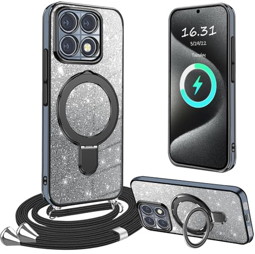 XCYYOO Cover Brillantini con Cordino per Xiaomi 14T Pro,[180° Rotante Supporto] Custodia Trasparente Antiurto Silicone TPU con Laccio Tracolla Supporto Case,Cover con Collana per Xiaomi 14T Pro