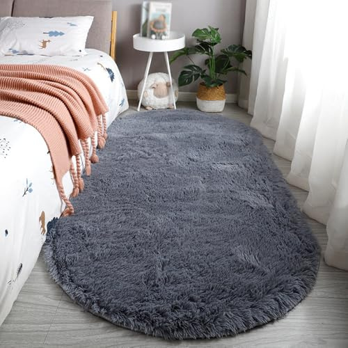Treer Teppich Wohnzimmer Oval Kurzflor Einfarbig Moderne Waschbarer Schlafzimmer rutschfest Flauschig Weicher Wohnztimmerteppich fürs Schlafzimmer, Kinderzimmer Geeignet (100x200cm,grau)
