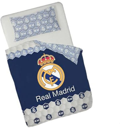 Bettwäsche-Set, Motiv: Fußballmannschaft (1 Bettbezug + 1 Kissenbezug), offizieller Fußball Madrid, Geschenk R. Madrid, 50 % Baumwolle und 50 % Polyester, (L)
