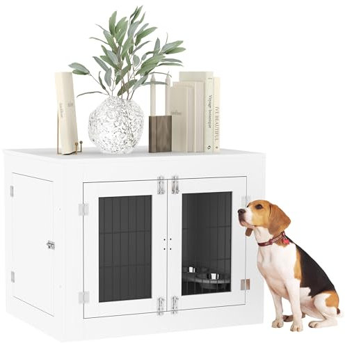 PawHut Cage pour Chien intérieur, Caisse pour Chien en Bois, 2 Bols rotatifs à 360°, 2 Portes, Table d'appoint, pour Taille Moyenne jusqu'à 20 kg, 80 x 60 x 63 cm, Blanc