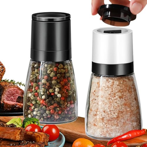 ANDONG Salt And Pepper Grinder Set of 2,Adjustable Ceramic Salt & Pepper Mill Sets,Ease Of Refilling Thickened Glass Salt and Pepper Shakers,With Airtight lids,Black White
