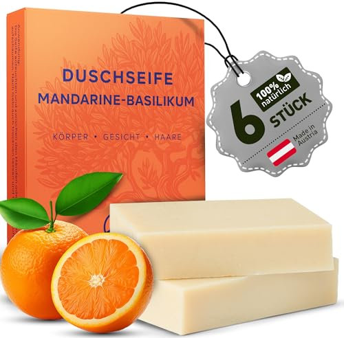 larum sports feste Duschseife Frauen Mandarine-Basilikum – festes Duschgel – feste Seife für Haare, Körper, Gesicht – festes Shampoo – Naturseife Damen – 6x Seife Stück à 85g