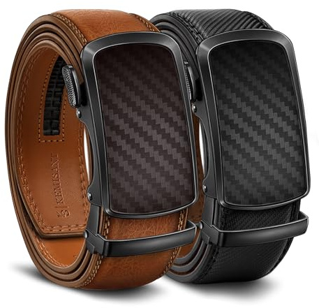 KEMISANT Gürtel Herren 2er, Ledergürtel Gürtel Ratsche Automatikschließe für Herren Verstellbar 35mm Breit mit Geschenkbox(Schwarz/Orange Braun,120cm/34-40 taille verstellbar)