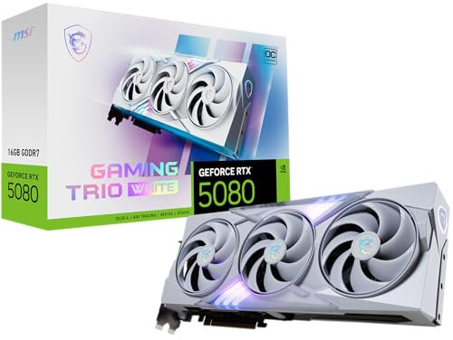 MSI Gaming RTX 5080 16G Gaming Trio OC White Graphics Card (16GB GDDR7, 256-bit, Extreme Clock TBD MHz, DisplayPort x 3 2.1a, HDMI 2.1b, NVIDIA Blackwell Architecture)