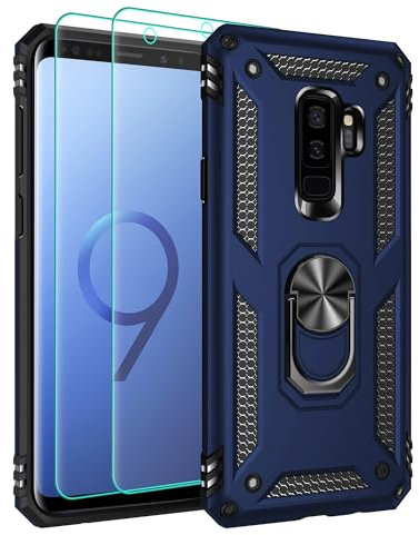 Pilaru Hülle für Samsung Galaxy S9 Plus Handyhülle, mit 2 Stück Schutzfolie, 360° Drehhalter Ring Kratzfest Militär Stoßfest Outdoor Schutzhülle für Samsung Galaxy S9 Plus,Blau