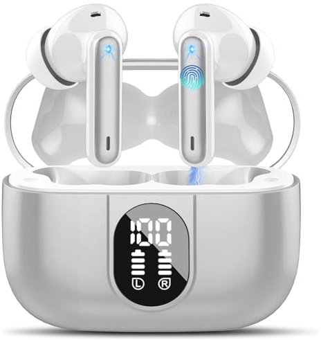 Csasan Wireless Earbuds, Bluetooth 5.3 Headphones In Ear with 4 ENC Noise Cancelling Mic, 2025 Mini Deep Bass Stereo Ear Buds, 40H Playtime Bluetooth Earphones, IP7 Waterproof Earbuds, Light Gray