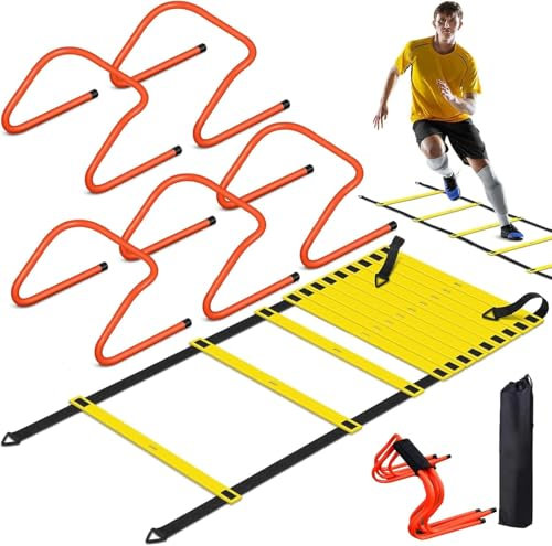 KALDJKS Fussball Trainingszubehör, Speed & Agility Training Set Enthält 1 Koordinationsleiter, 5 verstellbare Hürden, inklusive Aufbewahrungstasche, Trainingsgerät für alle Sportarten