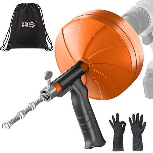 BACOENG Desatascador Tuberias Profesional con Barrena Pesada de 15 M, Alambre Desatascador Tuberias con Adaptador de Taladro - Se Adapta a Casi Todos los Desagües, con Guantes Incluidos, Naranja