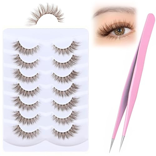 ASOMI 7 Paar Packung braune Wimpern, natürlicher Look, künstliche Wimpern, dünne Katzenaugen-Wimpern, C-Curly, dunkelbraune Fake-Wimpern, 13 mm, Mit Pinzette