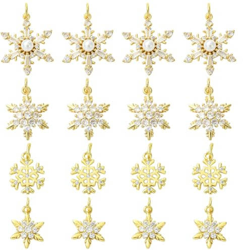 SUNNYCLUE 16 Stück 4 Stile Schneeflocken Anhänger Mit Wintermotiv Echtes 18 Karat Vergoldetes Messing Weihnachts Strasssteine Zirkonia Anhänger Befunde Für Weihnachtsschmuck Halskette Armband DIY
