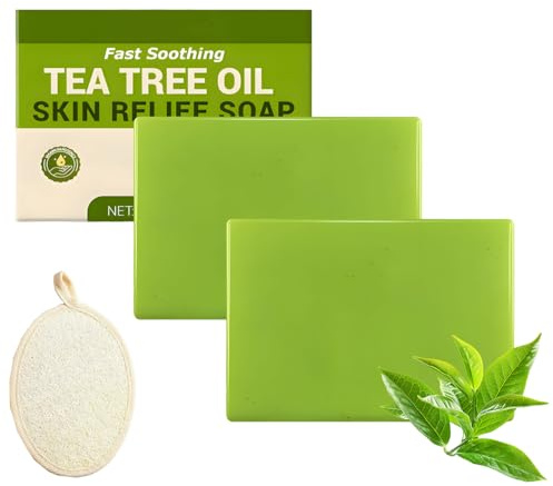 2 Pcs Tea Tree Soap Bar Natural Organic Tea Tree Oil Soap with Loofah Sponge Scrubber Soaps with Natural Herbal Extracts Relieve Itching for Facial Body Cleansing (2x100g)