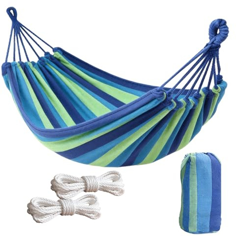 Ovyuzhen Hammock, Single/Double Outdoor Garden Camping, Canvas Soft Swing Sleeping, Portable with Carrying Bag for Patio Yard Backyard Porch Travel (Blue, 250X100cm)