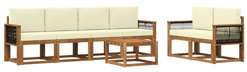 vidaXL Outdoor-Sofagarnitur mit Kissen 6 pcs Natur und Creme, Moderne Outdoor-Sofagarnitur, robuste Eckcouch, stylisches Gartenmöbel, Akazienholz, Bequeme Sitzplätze