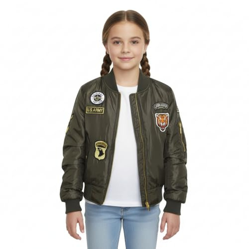 A2Z 4 Kids Kids Jacket Girls Boys Badges Print Bomber Padded Zip Up Biker Jacktes MA 1 Coat Age 3 4 5 6 7 8 9 10 11 12 13 Years Olive