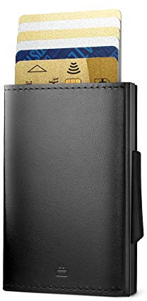 Portefeuille automatique en aluminium et cuir. Modèle : CASCADE SLIM | Éjection instantanée des cartes. 8 cartes, billets & reçus. Porte-cartes compact et sécurisé. Protection RFID