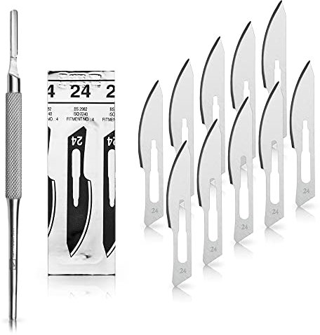 Set avec 10 x lames de scalpel N° 24 - Lame stérile en acier au carbone et 1 x May - manche de scalpel Figure N° 4 en acier inoxydable