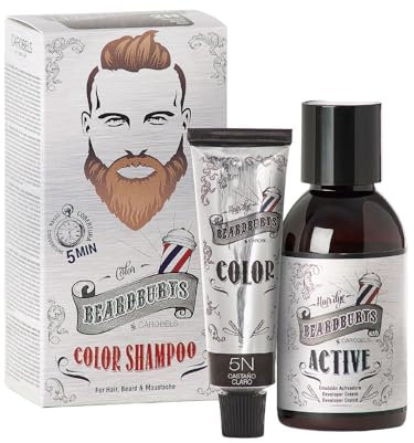 Beardburys Color Shampoo para Barba, Bigote y Cabello, Cobertura de Canas Semipermanente, sin Parabenos, Color Marrón Claro 30 ml y Activo 45 ml