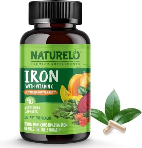 NATURELO Iron Supplement with Vitamin C & Whole Foods - Gentle Iron Pills for Women & Men with Iron Deficiency Including Pregnancy, Anemia and Vegan Diets - 90 Mini Capsules | 3 Month Supply