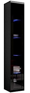 Hängevitrine Vigo Vitrine Vitrinenschrank Hängeschrank Wandvitrine Wandschrank mit 1 Tür Schrank Wohnzimmerschrank Grifflose, Push to open (Schwarz/Schwarz Hochglanz, Mit Blauer LED Beleuchtung)